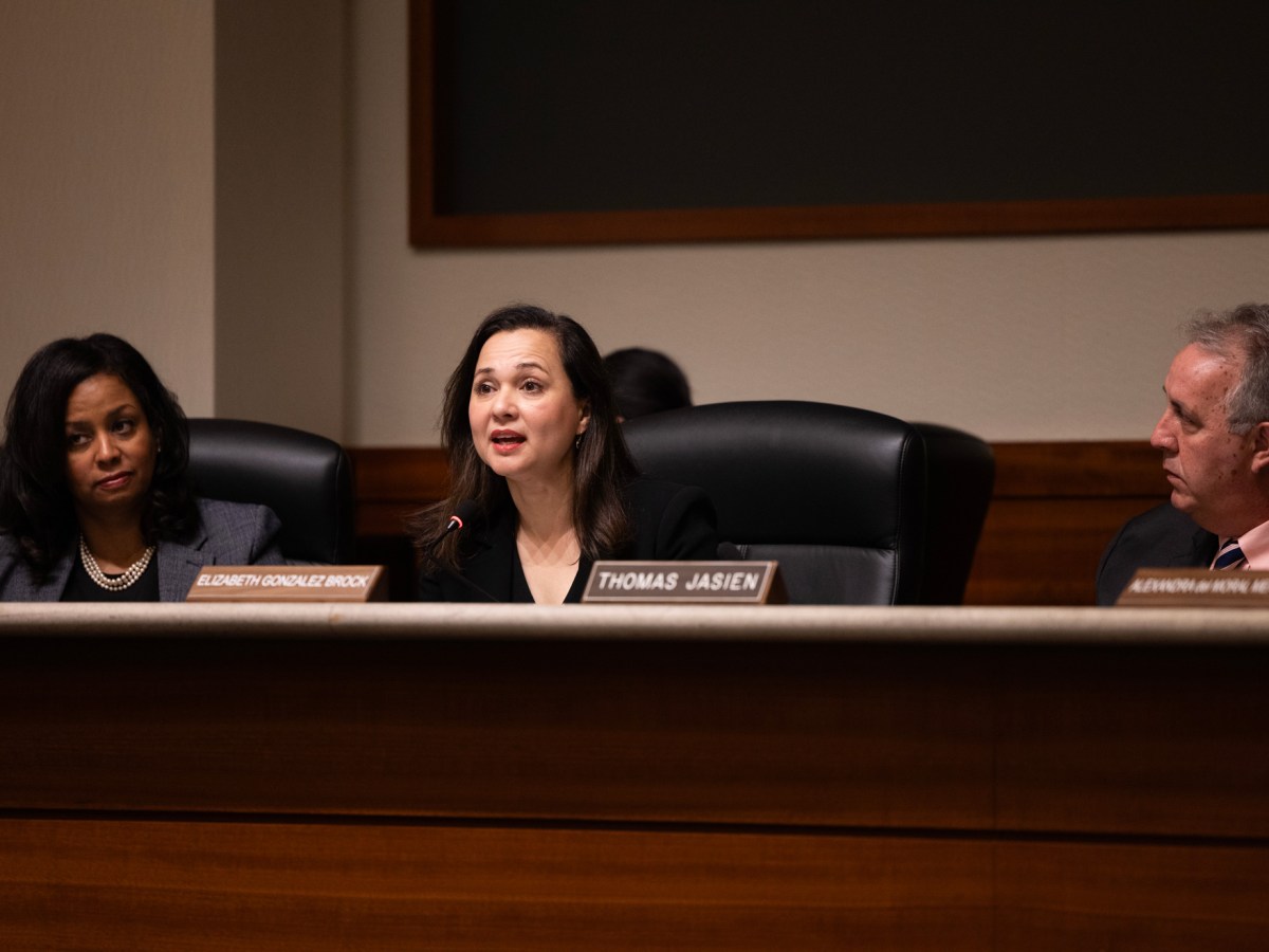 Elizabeth Gonzalez Brock, chairperson of METRO board, speaks during a METRO board meeting, Thursday, April 25, 2024, in Houston.