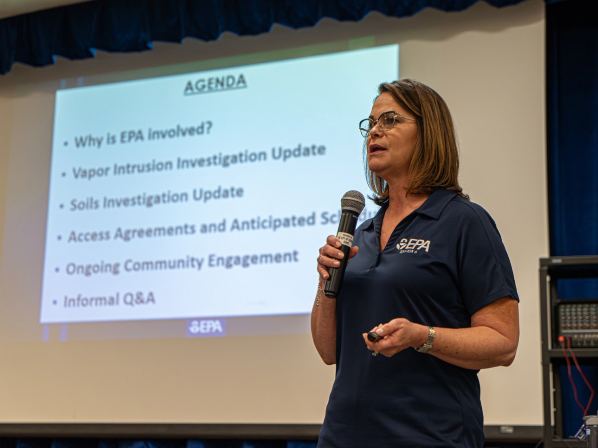 EPA Project Manager Casey Luckett Snyder gives a presentation updating the community of Greater Fifth Ward about EPA tests of creosote-related chemicals,Tuesday, April 30, 2024, in Houston.