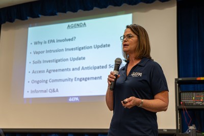 EPA Project Manager Casey Luckett Snyder gives a presentation updating the community of Greater Fifth Ward about EPA tests of creosote-related chemicals,Tuesday, April 30, 2024, in Houston.