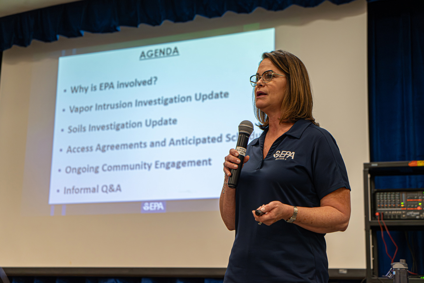EPA Project Manager Casey Luckett Snyder gives a presentation updating the community of Greater Fifth Ward about EPA tests of creosote-related chemicals,Tuesday, April 30, 2024, in Houston.