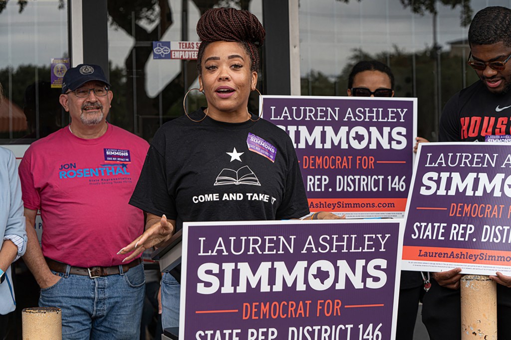 Democratic Primary Challenger Lauren Ashley Simmons addresses a crowd gathered to support her campaign ahead of a block walking event to gather more voter support on Saturday, May 11, 2024, in Houston.
