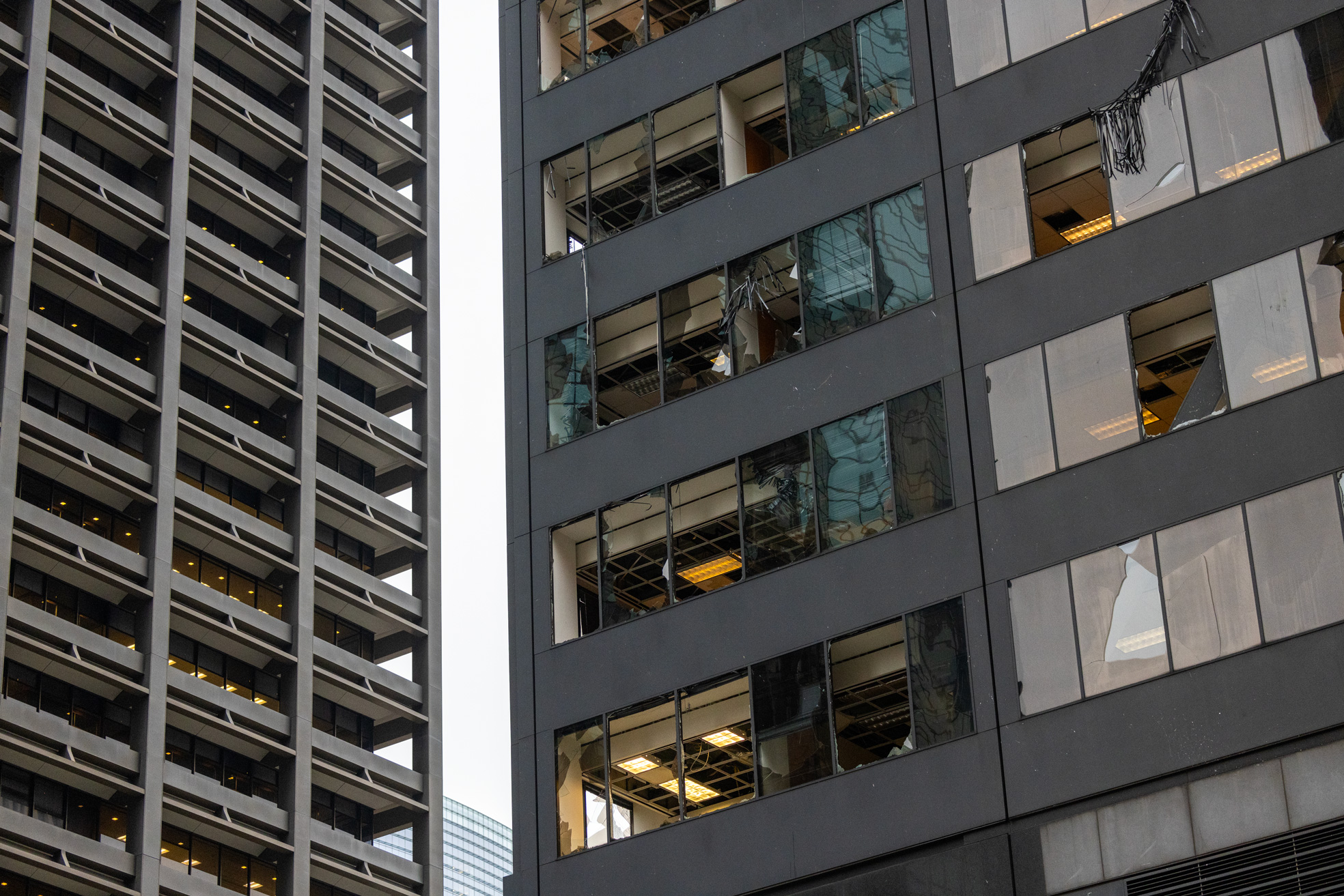Damaged buildings in downtown after a storm broke windows in many of the skyscrapers on Louisiana Street, Friday, May 17, 2024, in Houston.