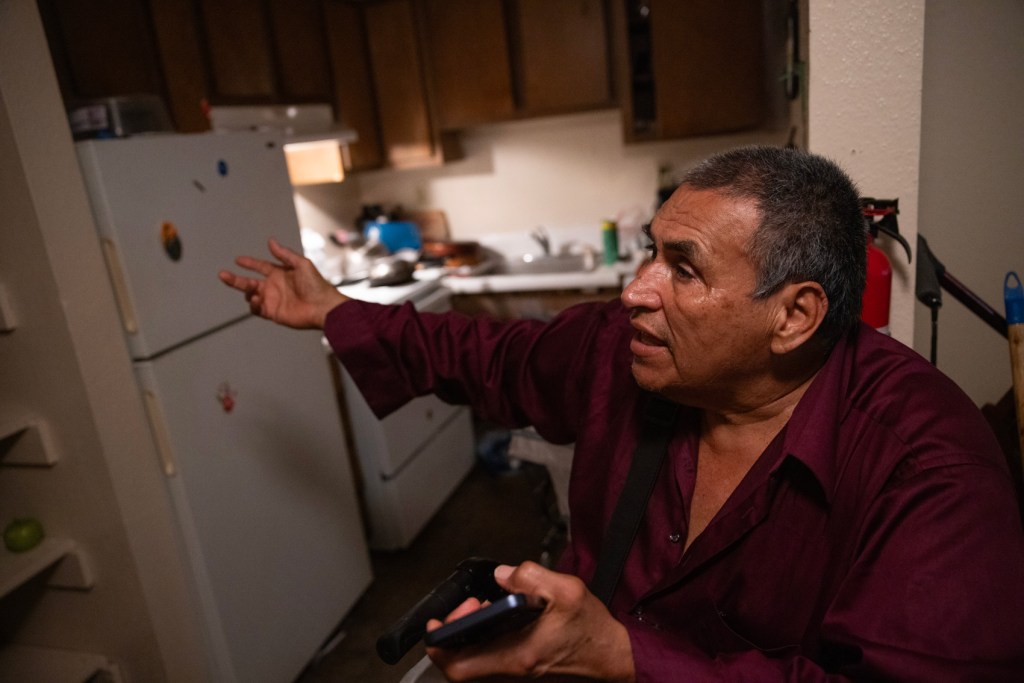 Moises Reyes, 72, of El Salvador, speaks about his living conditions after last week’s storm at Independence Hall Apartments, Monday, May 20, 2024, in Houston. 