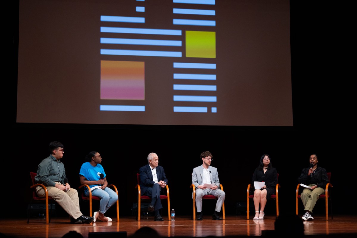 A panel of high school students from the Houston area. Reporter in the center leads the conversation.