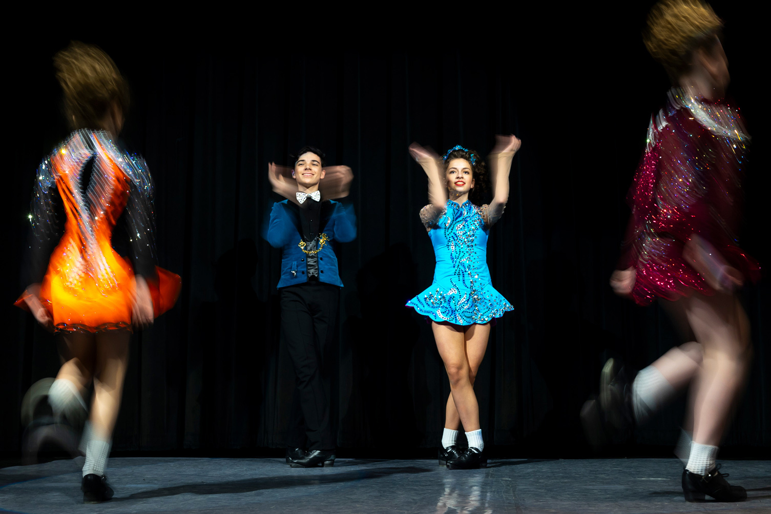 McTeggart Irish Dancer Patrick Lanni and Lila Custer, center, perform with other members during a St. Patrick’s Day celebration at the Children’s Museum Houston on Sunday, March 17, 2024, in Houston.