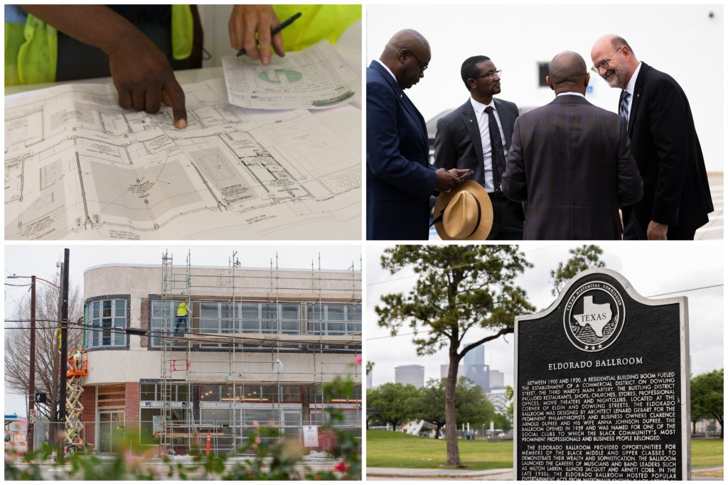 Grid of four showing building plans on a table, the following photo is a group of man talking, then a building under construction and a historic marker.