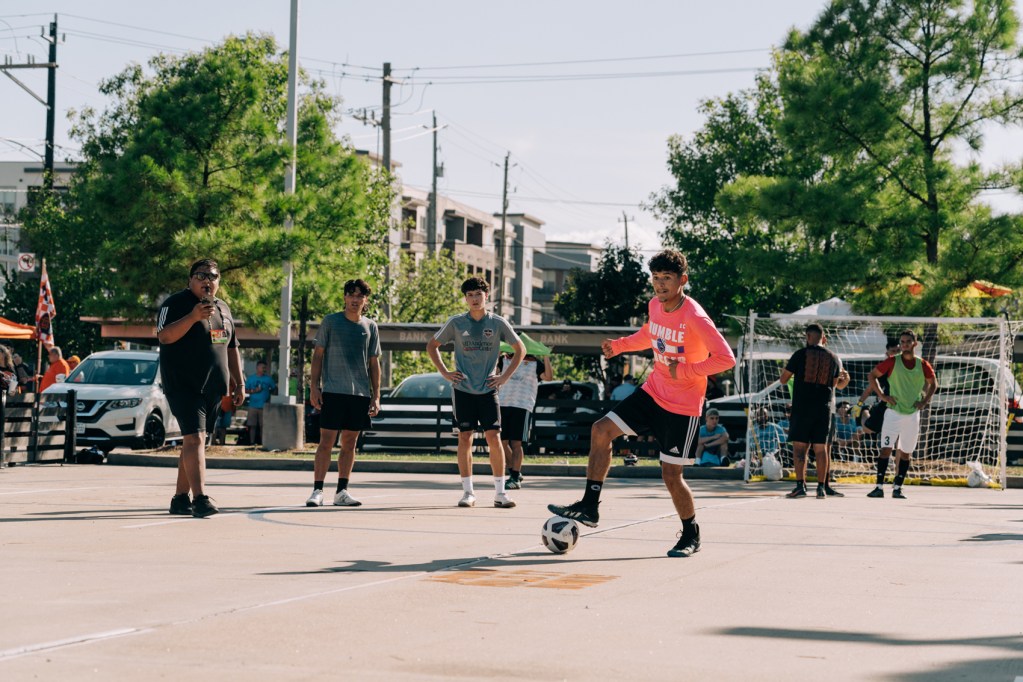 Soccer player prepares a shot at the goal on Saturday, Sept. 30, 2023, in Houston.