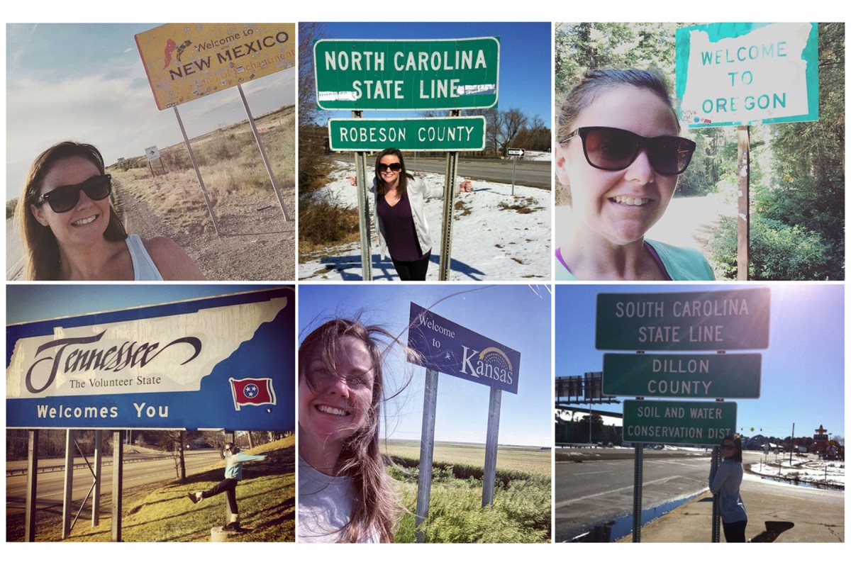 Grid of photos of Maggie Gordon in front of state signs
