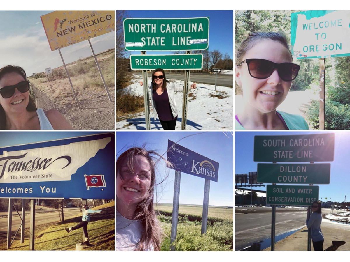 Grid of photos of Maggie Gordon in front of state signs