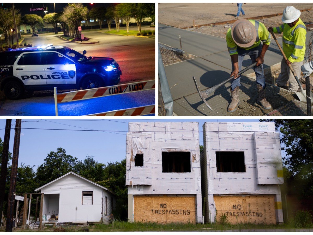 A Houston police cruiser, city workers and vacant housing.