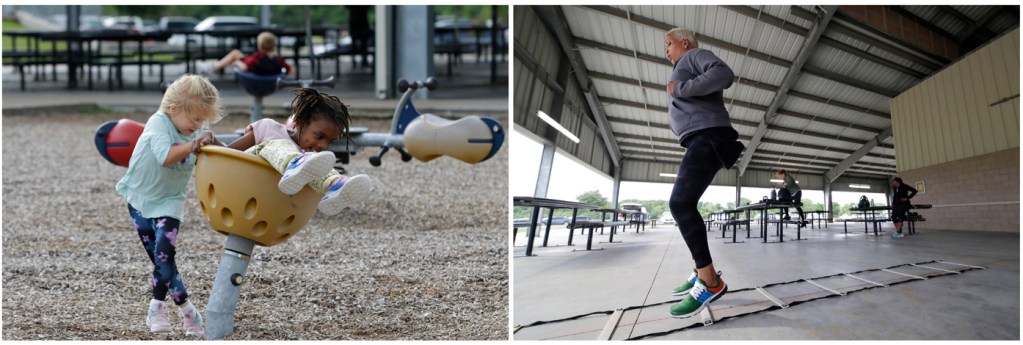 Kids play in a playground and a woman workout.