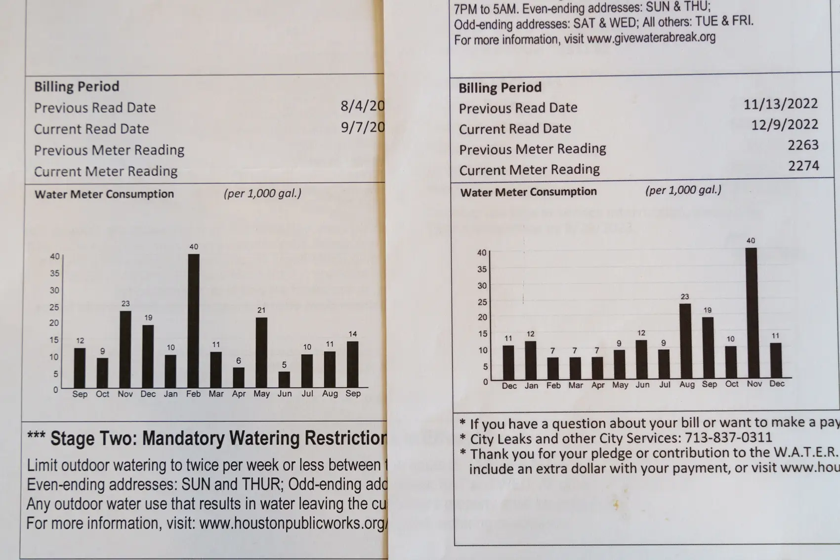 Conflicting water meter consumption graphs from two of J.C Davenport’s water bills. The first chart claims his water usage skyrocketed in February. But the next bill shows that same usage occurred in November. Similar discrepancies appeared in other months. (Joseph Bui for Houston Landing)