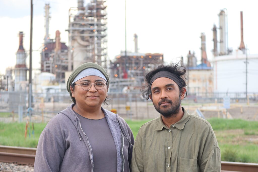 Yvette Arellano and Shiv Srivastava with the Houston-based environmental justice group Fenceline Watch, near the LyondellBasell Houston Refinery.
