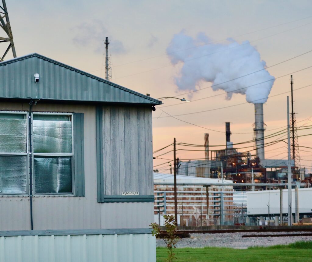 The ExxonMobil Baytown Complex near homes in Baytown, Texas.