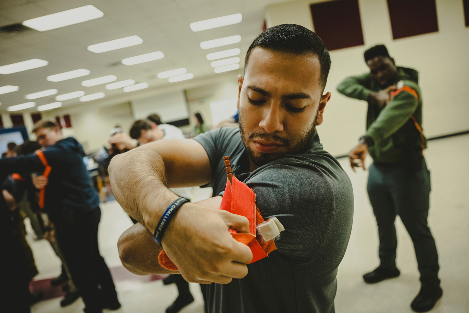 Montgomery County sheriff’s deputies practice applying a tourniquet, during training in New Caney.