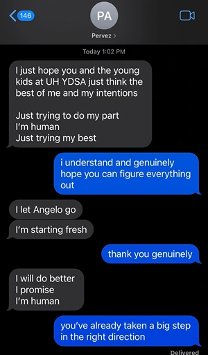 Agwan told a campaign worker in this text exchange that he had dismissed Perlera. But a campaign spokesperson said Perlera is still employed. 