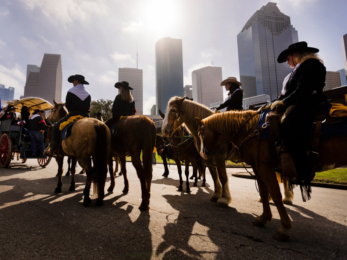 Salt Grass Trail Ride members wait for their turn to participate in the Houston Rodeo and Livestock Parade, Saturday, Feb. 25, 2023, in Houston.